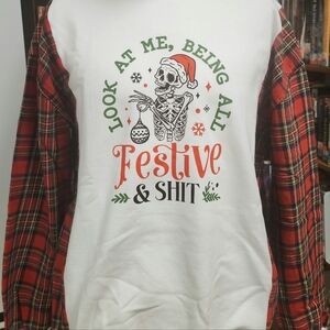 Upcycled Oversized Christmas Sweatshirt with Flannel Sleeves